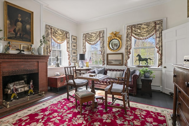 104 Summer St, Kennebunk, ME 04043 - office space with ornamental molding, wood finished floors, and a brick fireplace