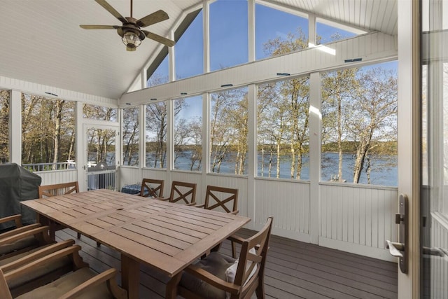 50 Higbee Ln, Boothbay, ME 04571 - sunroom / solarium featuring a water view, lofted ceiling, ceiling fan, and outdoor dining space