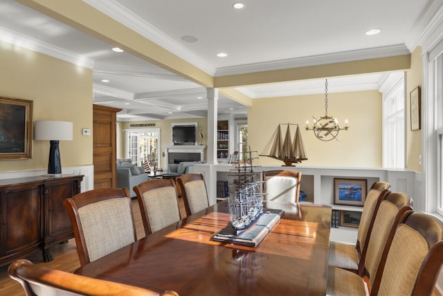 50 Higbee Ln, Boothbay, ME 04571 - dining room featuring a fireplace, beamed ceiling, a decorative wall, coffered ceiling, and recessed lighting