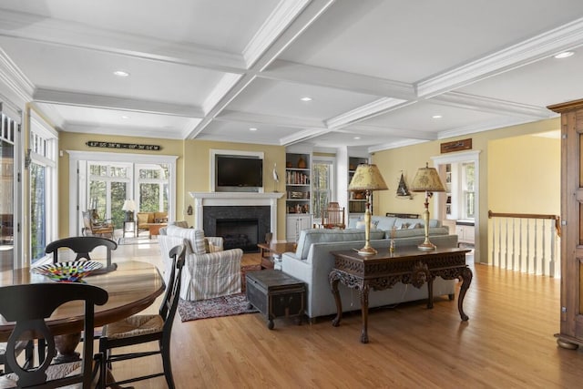 50 Higbee Ln, Boothbay, ME 04571 - living area with wood finished floors, a fireplace, beamed ceiling, coffered ceiling, and recessed lighting