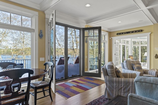 50 Higbee Ln, Boothbay, ME 04571 - sunroom with beamed ceiling, wood finished floors, crown molding, french doors, and recessed lighting