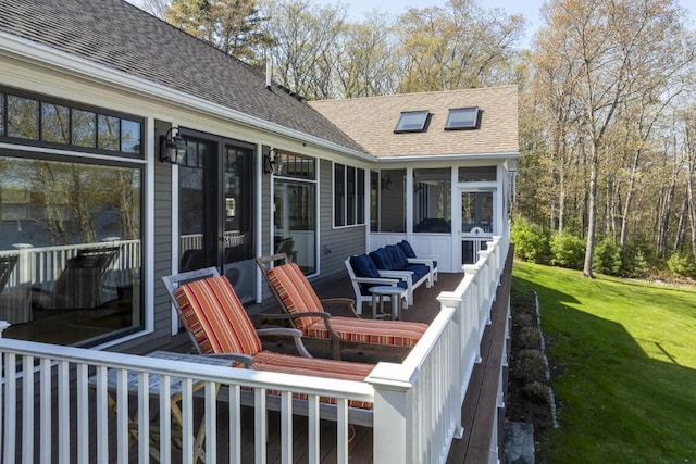 50 Higbee Ln, Boothbay, ME 04571 - wooden terrace with a sunroom and a yard