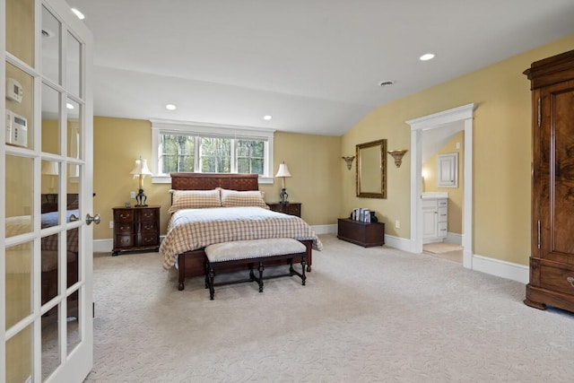 50 Higbee Ln, Boothbay, ME 04571 - carpeted bedroom with french doors, lofted ceiling, baseboards, and recessed lighting