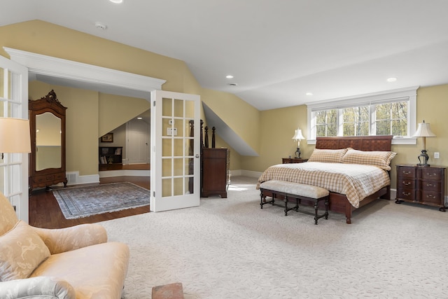 50 Higbee Ln, Boothbay, ME 04571 - bedroom featuring lofted ceiling, baseboards, recessed lighting, and carpet