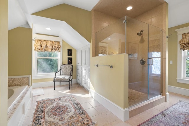 50 Higbee Ln, Boothbay, ME 04571 - full bathroom featuring a shower stall, lofted ceiling, a bath, tile patterned flooring, and baseboards