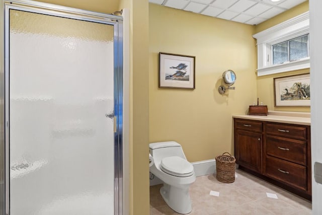 50 Higbee Ln, Boothbay, ME 04571 - bathroom featuring a shower stall, tile patterned floors, toilet, baseboards, and vanity