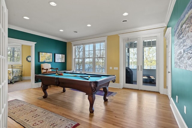50 Higbee Ln, Boothbay, ME 04571 - game room featuring french doors, light wood-style flooring, ornamental molding, billiards table, and baseboards