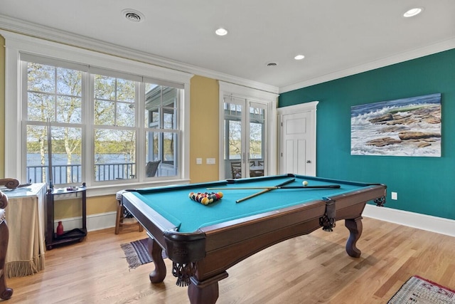 50 Higbee Ln, Boothbay, ME 04571 - game room with baseboards, ornamental molding, pool table, light wood-style floors, and recessed lighting