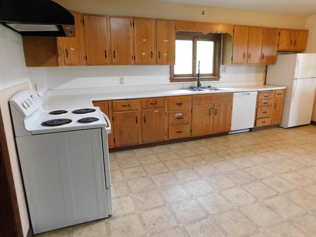 81 S Main St, Athens, ME 04912 - kitchen featuring white appliances, under cabinet range hood, a sink, light flooring, and light countertops
