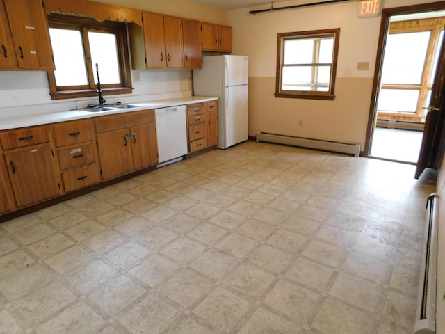 81 S Main St, Athens, ME 04912 - kitchen featuring white appliances, baseboard heating, light flooring, and light countertops