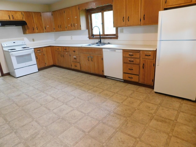 81 S Main St, Athens, ME 04912 - kitchen featuring white appliances, a sink, under cabinet range hood, light flooring, and light countertops