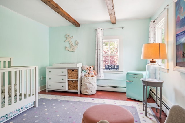 70 Cider Hill Rd, York, ME 03909 - bedroom with a baseboard radiator, beamed ceiling, and a crib