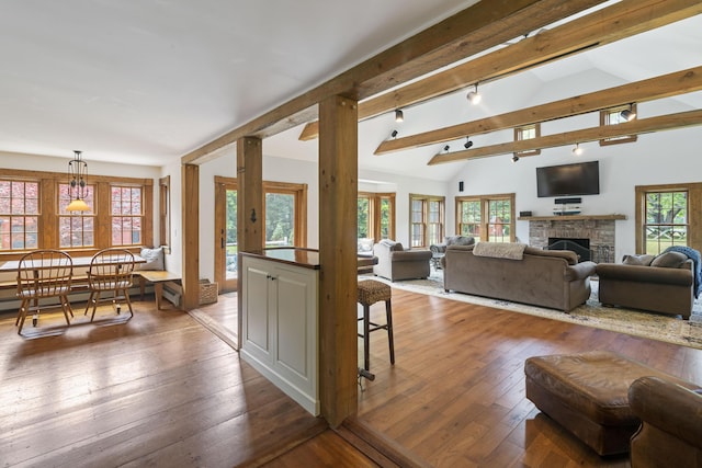 70 Cider Hill Rd, York, ME 03909 - living area featuring wood-type flooring, a fireplace, and rail lighting