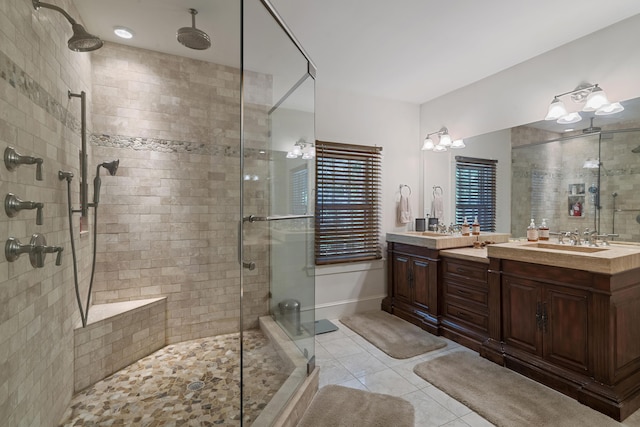 70 Cider Hill Rd, York, ME 03909 - bathroom featuring a stall shower, tile patterned flooring, and double vanity