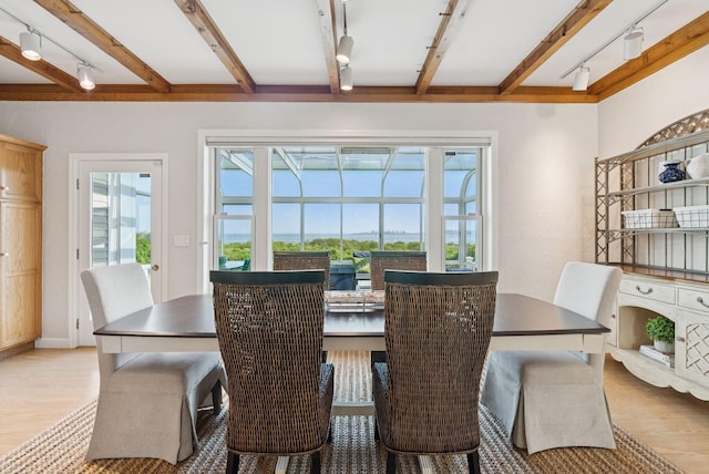 25 Ocean Ave, Cape Elizabeth, ME 04107 - dining space featuring track lighting, beam ceiling, healthy amount of natural light, and light wood-style flooring