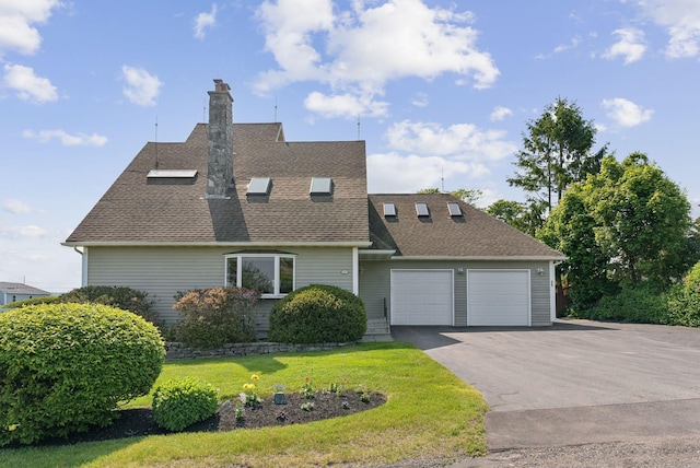 25 Ocean Ave, Cape Elizabeth, ME 04107 - view of front of house featuring an attached garage, a chimney, a front yard, driveway, and a shingled roof