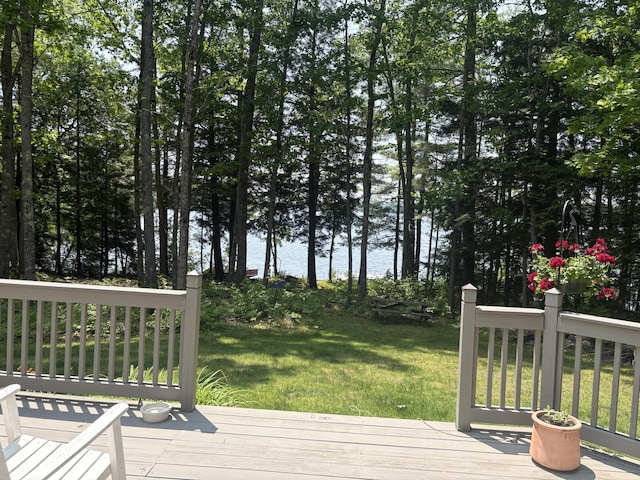 282 Pierces Point Rd, Windsor, ME 04363 - deck featuring a water view and a yard