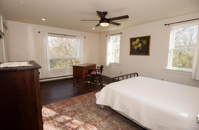 42 Old Mill Rd, Bristol, ME 04554 - bedroom with baseboard heating, wood finished floors, recessed lighting, and a ceiling fan
