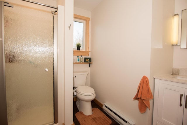 42 Old Mill Rd, Bristol, ME 04554 - full bath with a baseboard radiator, vanity, a stall shower, and toilet