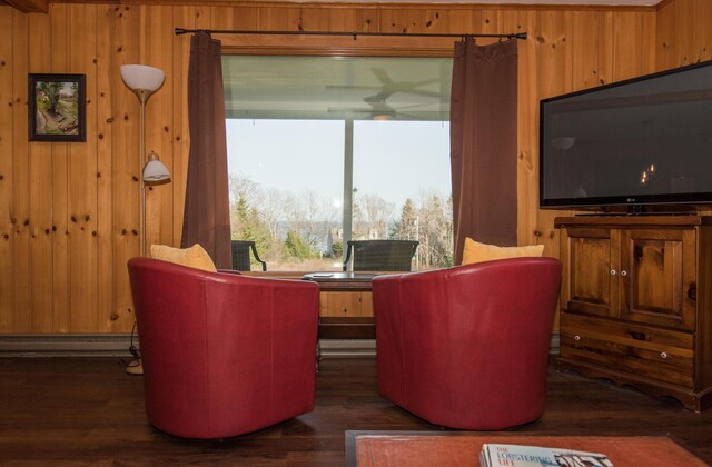 42 Old Mill Rd, Bristol, ME 04554 - living room featuring dark wood-style floors and wood walls