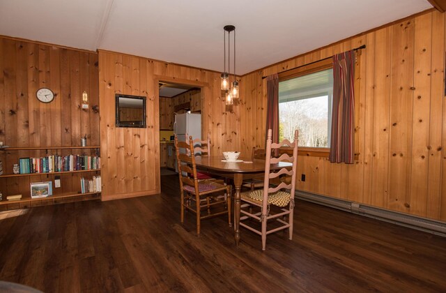42 Old Mill Rd, Bristol, ME 04554 - dining area featuring wooden walls, wood finished floors, and a baseboard radiator