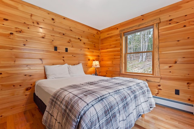 3935 Main St, Rangeley, ME 04970 - bedroom with wood finished floors, a baseboard heating unit, and wooden walls