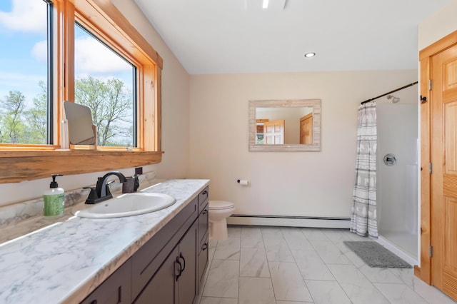 3935 Main St, Rangeley, ME 04970 - full bathroom featuring a baseboard radiator, vanity, marble look tiles, a shower with shower curtain, and toilet