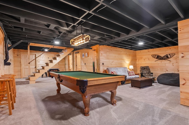 3935 Main St, Rangeley, ME 04970 - game room featuring wooden walls, pool table, and carpet flooring