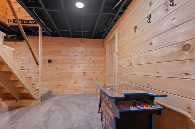3935 Main St, Rangeley, ME 04970 - playroom featuring wood walls and carpet flooring