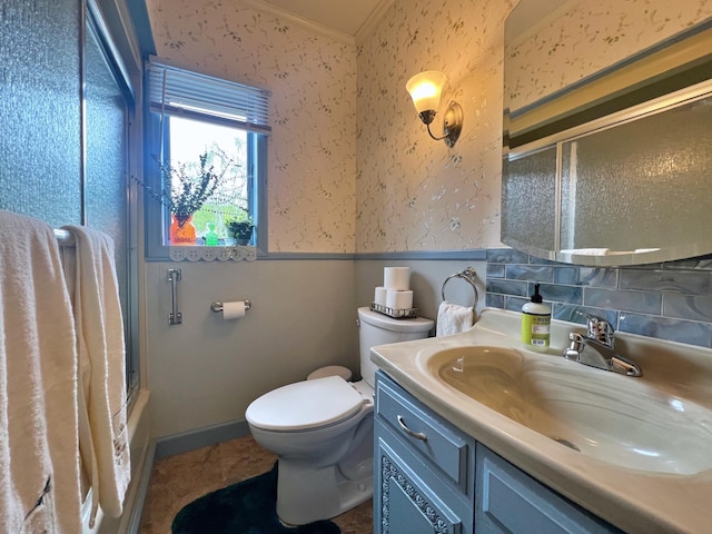 13 Pearl St, Fort Kent, ME 04743 - full bathroom with ornamental molding, wallpapered walls, vanity, toilet, and a wainscoted wall