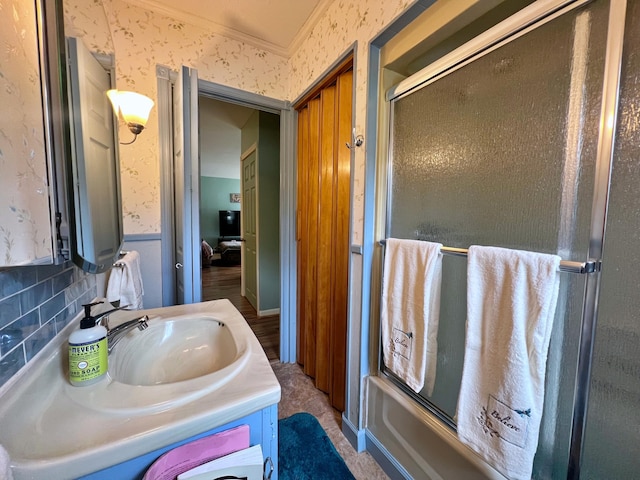 13 Pearl St, Fort Kent, ME 04743 - bathroom with wallpapered walls, vanity, and crown molding