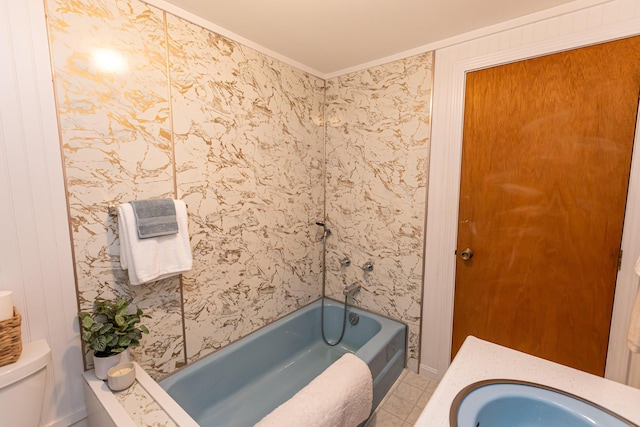 18 Julian St, Sebago, ME 04029 - bathroom with toilet, crown molding, vanity, shower / bathtub combination, and tile patterned flooring
