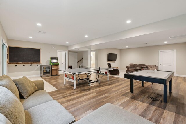 45 S Ridge Rd, Falmouth, ME 04105 - rec room with wine cooler, wood finished floors, recessed lighting, and baseboards