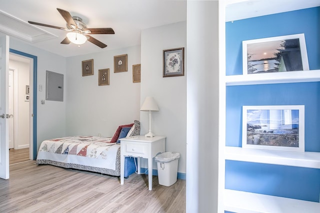 19 Rumery Rd, Lyman, ME 04002 - bedroom featuring electric panel, wood finished floors, and ceiling fan