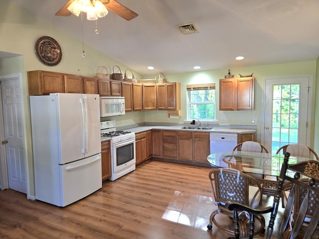 83 Clover Ln, Auburn, ME 04210 - kitchen featuring white appliances, a sink, light wood finished floors, ceiling fan, and recessed lighting