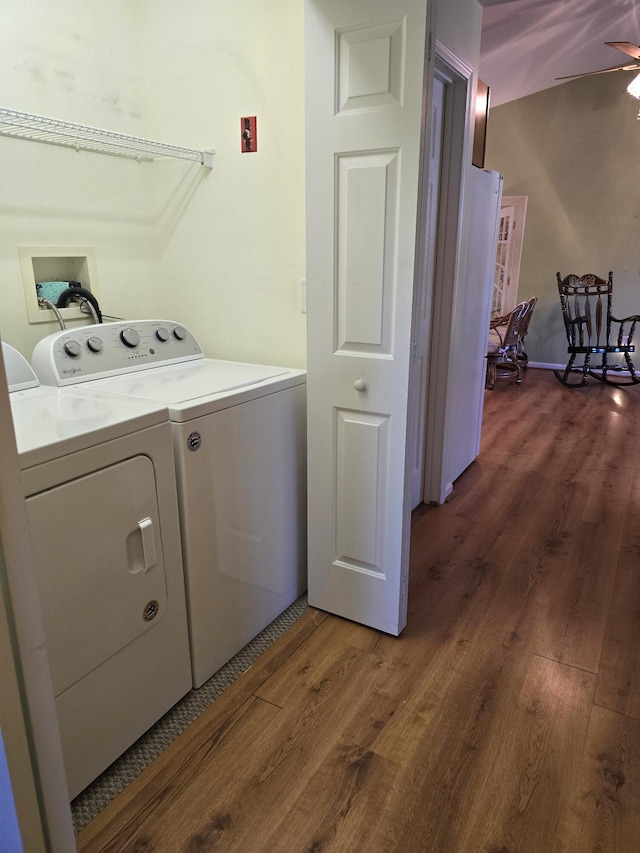 83 Clover Ln, Auburn, ME 04210 - laundry area with washing machine and clothes dryer, wood finished floors, and a ceiling fan