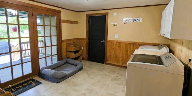 191 Bates St, Pittsfield, ME 04967 - laundry room featuring cabinet space, independent washer and dryer, wainscoting, wood walls, and crown molding