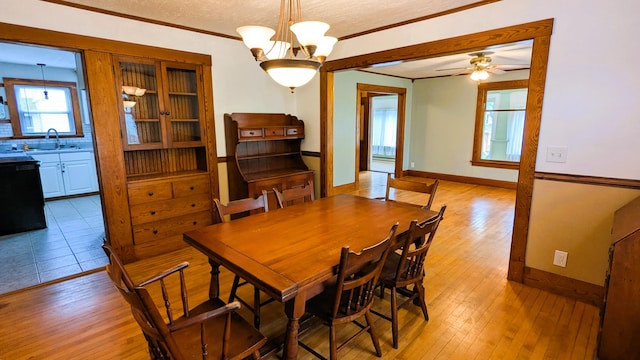 191 Bates St, Pittsfield, ME 04967 - dining area with light wood finished floors, a chandelier, ornamental molding, ceiling fan, and a textured ceiling