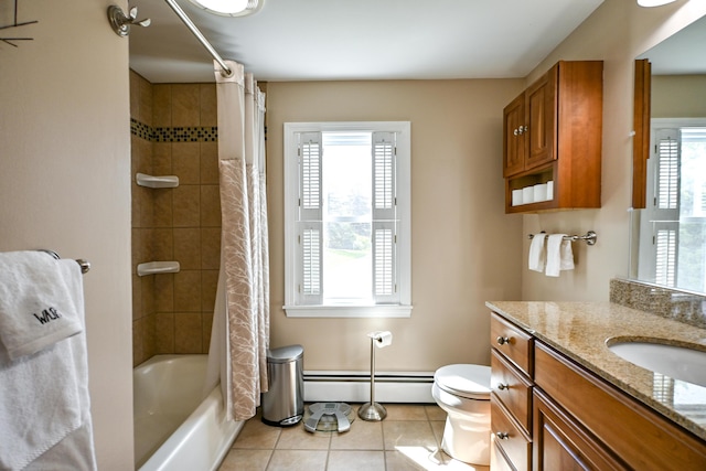77 Carter St, Portland, ME 04103 - full bathroom with a baseboard heating unit, vanity, tile patterned flooring, and plenty of natural light