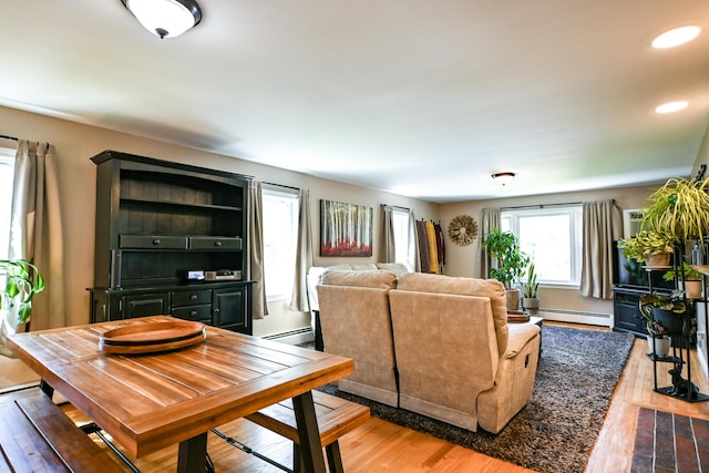77 Carter St, Portland, ME 04103 - living room featuring baseboard heating, wood finished floors, and recessed lighting