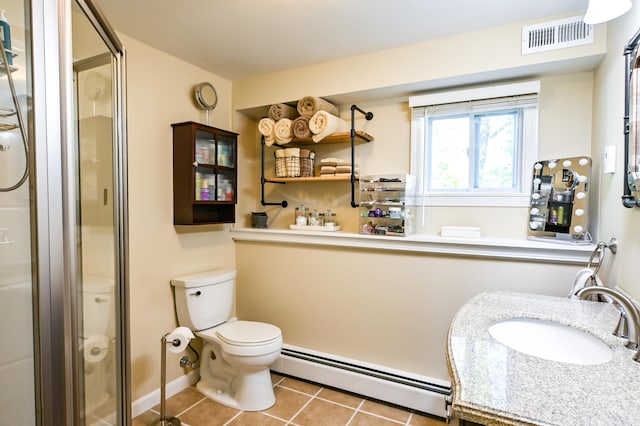 77 Carter St, Portland, ME 04103 - full bathroom with a baseboard radiator, toilet, a stall shower, and tile patterned floors