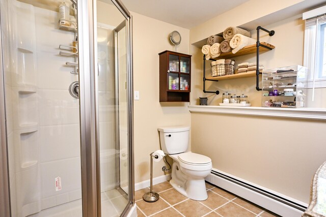 77 Carter St, Portland, ME 04103 - bathroom featuring a baseboard heating unit, a stall shower, tile patterned flooring, toilet, and baseboards