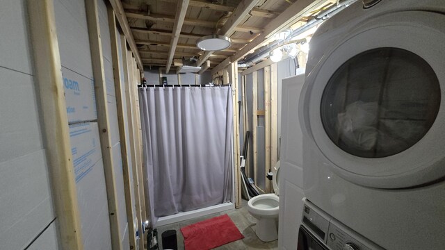 2 Fairview Ave, Houlton, ME 04730 - laundry area featuring stacked washing machine and dryer