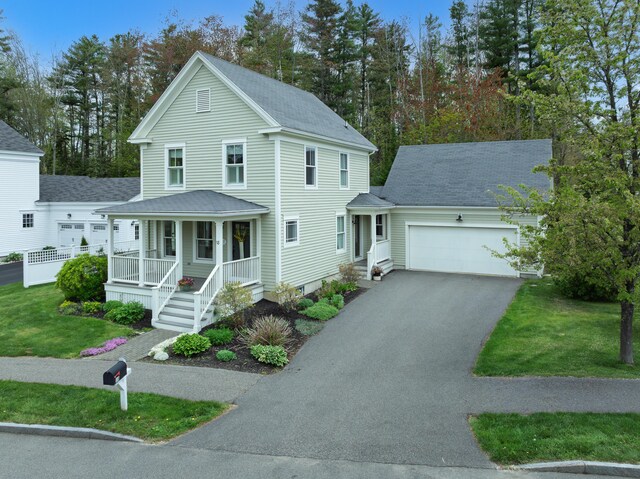 18 Ballantyne Dr, Scarborough, ME 04074 - view of front of house featuring a porch, asphalt driveway, an attached garage, a front yard, and a shingled roof