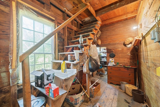 26 Unity Rd, Albion, ME 04910 - staircase with healthy amount of natural light, wooden walls, and wood ceiling