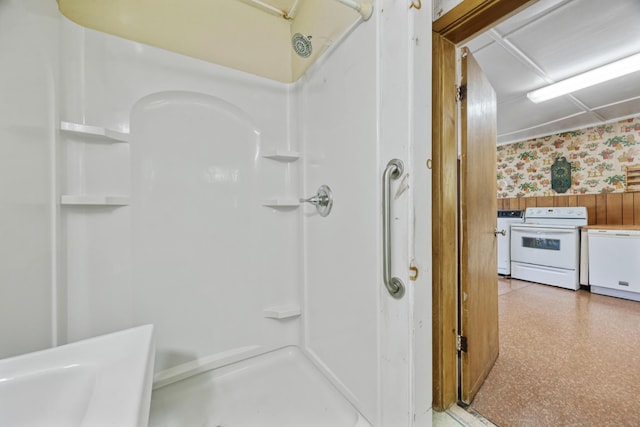 26 Unity Rd, Albion, ME 04910 - bathroom featuring a shower and washer / clothes dryer