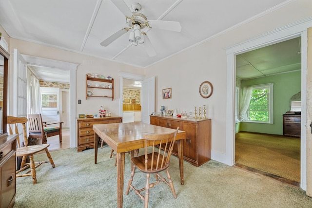 26 Unity Rd, Albion, ME 04910 - dining area featuring light colored carpet, a ceiling fan, and baseboards