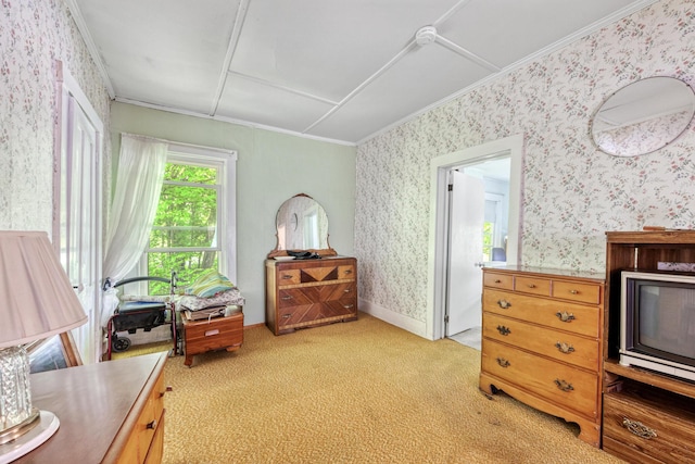 26 Unity Rd, Albion, ME 04910 - living area with wallpapered walls, light carpet, and crown molding