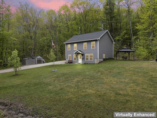 2 Ball Park Rd, Lewiston, ME 04240 - colonial inspired home with a gazebo, a yard, a view of trees, and a carport