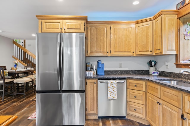 2 Ball Park Rd, Lewiston, ME 04240 - kitchen with stainless steel appliances, a sink, dark stone countertops, dark wood-style flooring, and recessed lighting